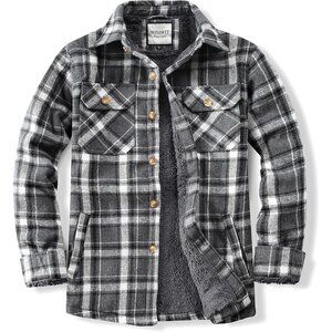 Men'sDark Grey Sherpa Lined Button Down Flannel Shirt Jacket Plaid Soft